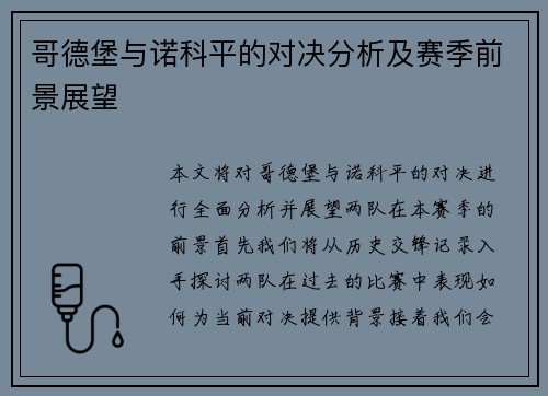 哥德堡与诺科平的对决分析及赛季前景展望